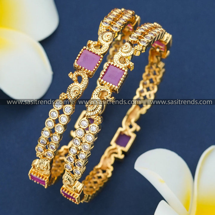 Exquisite Ruby Peacock AD Bangles - 1 Gram Micro Gold Plated | American Diamond Stones