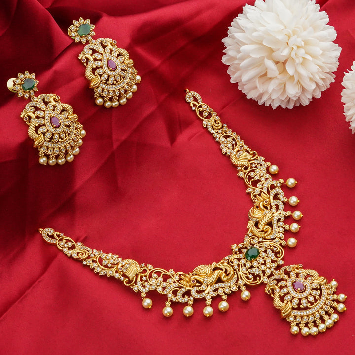 New Collection: Bridal Wear Temple Matte Gold Tone AD Peacock Floral Pearl Choker Jewellery Set | Sasitrends