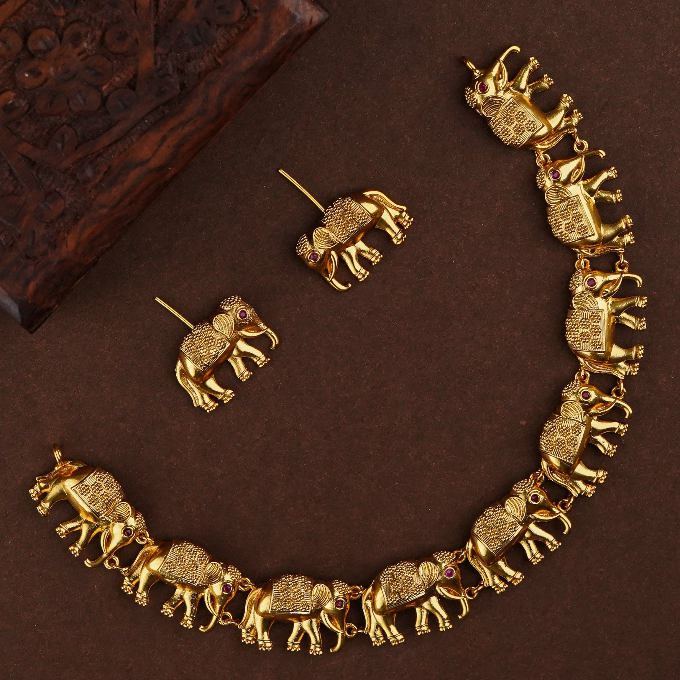 Temple Gold Plated Elephant Necklace Set with Earrings - Traditional Jewelry for Women