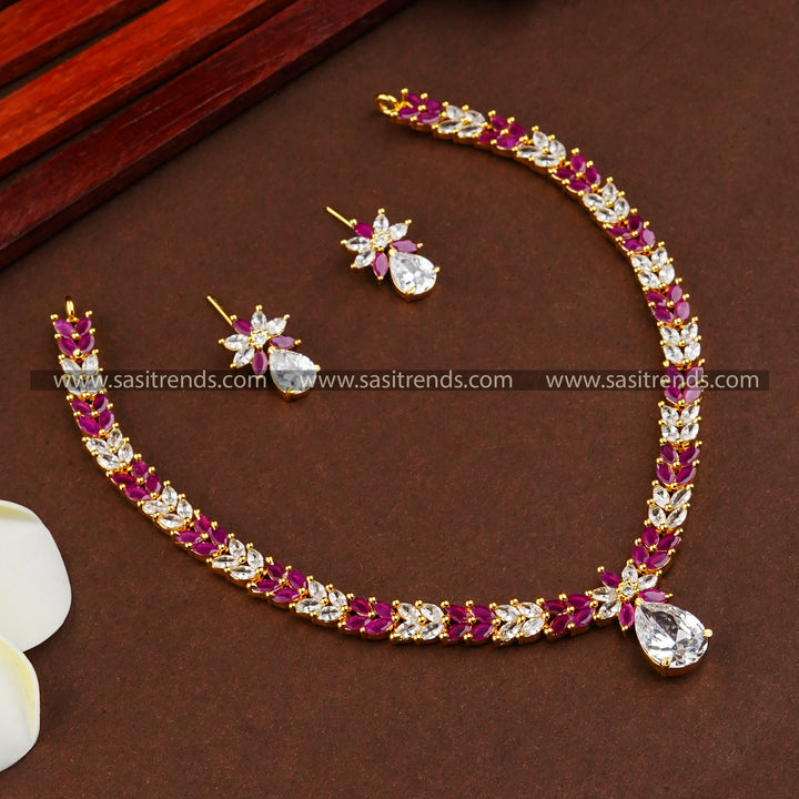  Elegant leaf pattern American diamond necklace set with white ruby stone water drop pendant