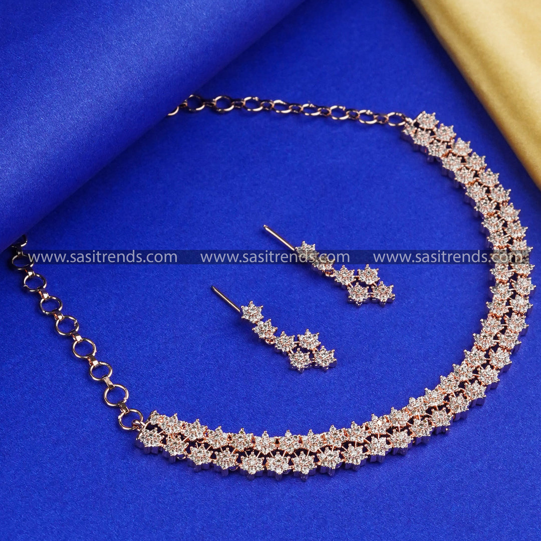 Radiant Star Pattern Two-Line Necklace Set with Dazzling Earrings - Rhodium Rose Gold Plated, Full White Color