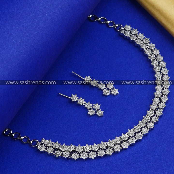 Sparkling Two-Line Star Necklace Set with Radiant Earrings - Rhodium Silver Plated - Pure White Beauty with Dazzling Stones