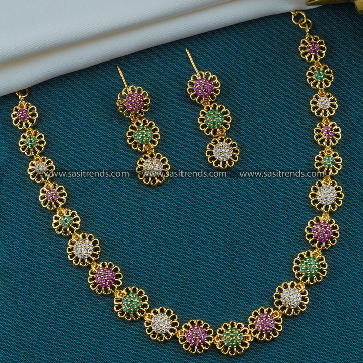 Floral Design Micro Gold Plated Jewellery Set with American Diamond Stones