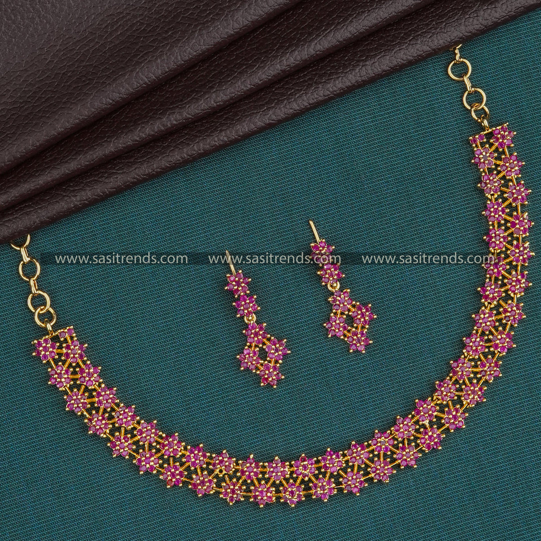 Two-Layer Ruby Necklace Set with Matching Earrings - Micro Gold Plated, One Gram Gold