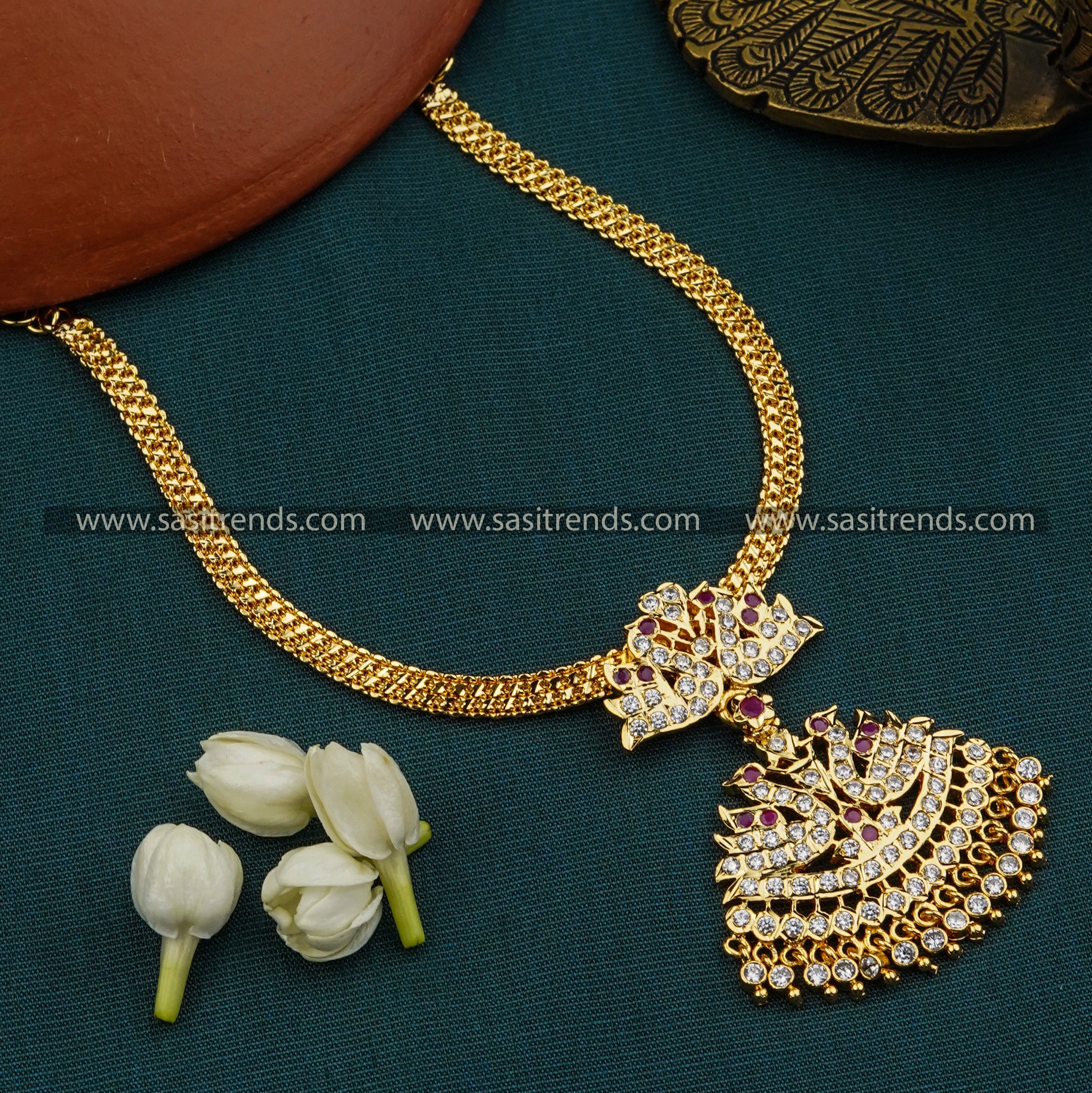 Stunning White-Ruby Ducks Aadigai Necklace, Micro Gold Plated - One Gram