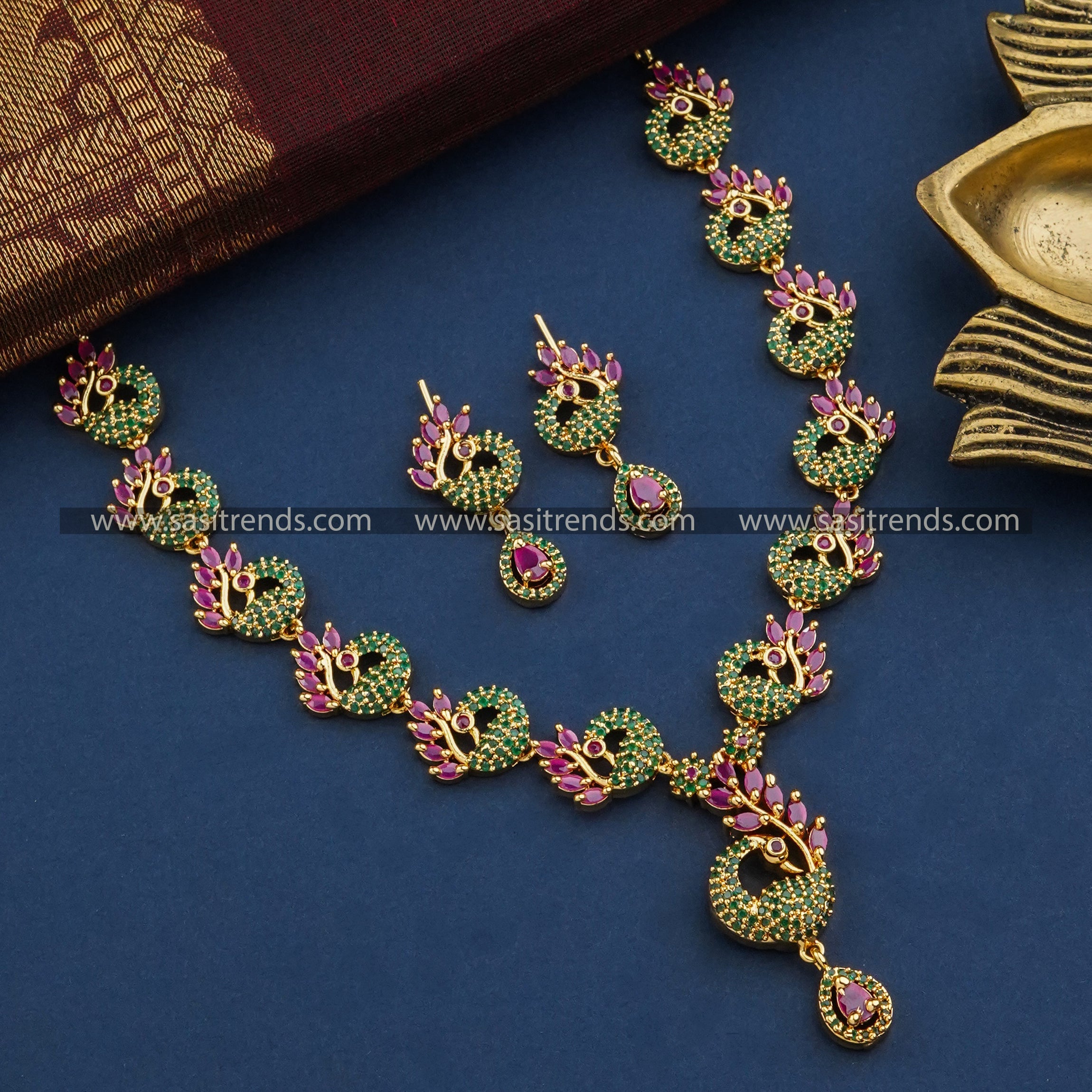 Captivating Ruby-Green Necklace - One Gram Gold Plated Cascading Necklace with Earrings