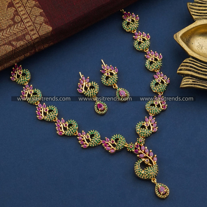 Enchanting Micro Gold Plated Cascading Peacocks Jewellery Set with Sparkling American Diamonds