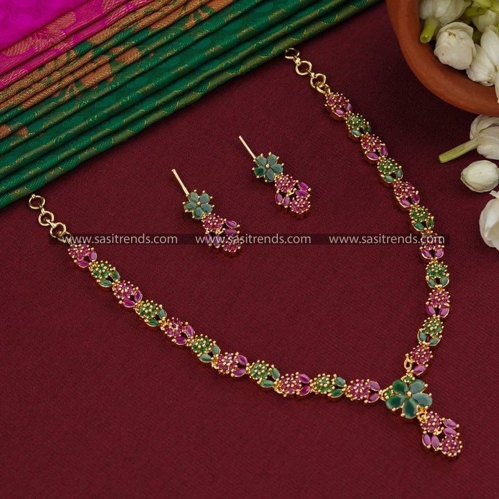 One Gram Gold Plated Ruby-Green Colored Flower and Leaf Necklace Set with Earrings - Elegant and Sparkling Jewelr