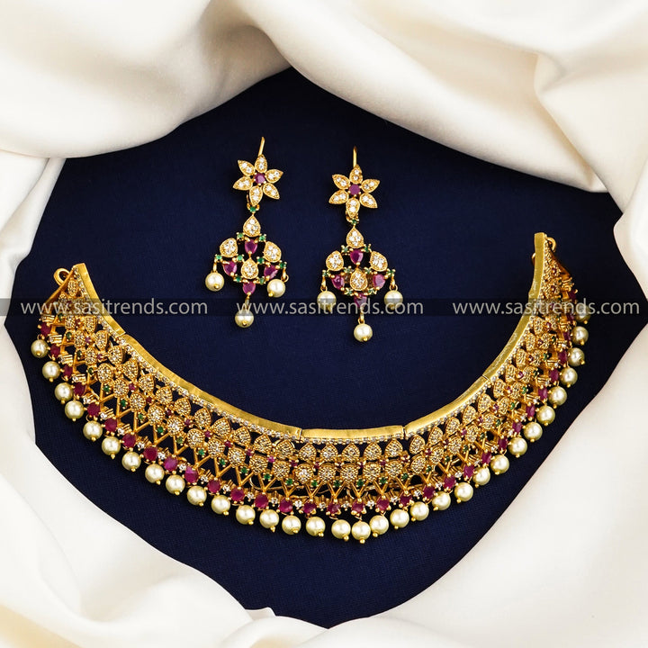 New Collection: Bridal Temple Matte Gold Tone AD Floral Choker Jewellery Set | Sasitrends