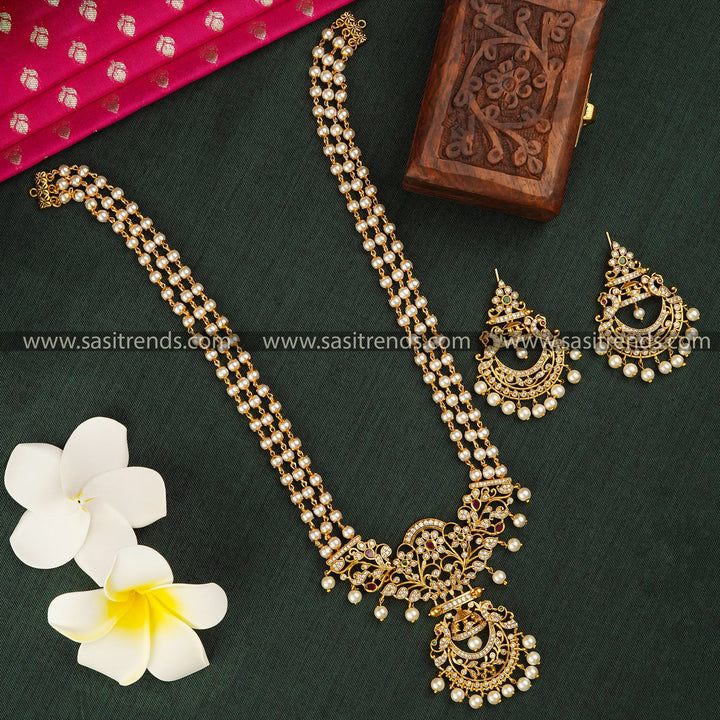 Royal Peacock Bell-Shaped Pendant Matte Gold Tone Long 3-Layer Pearl Jewellery Set | Sasitrends