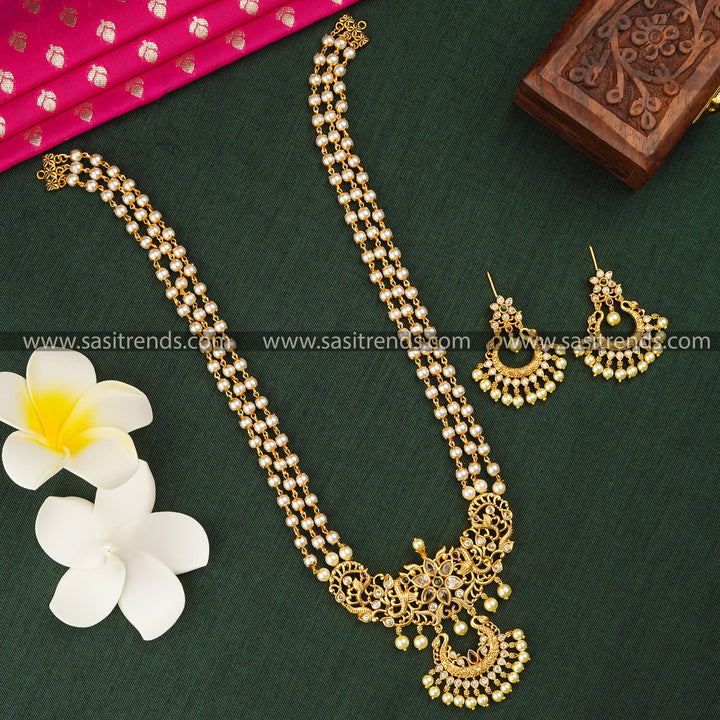 Golden Charm: Temple Matte Gold Plated 3-Layer Pearl Mala Pendant Long Jewellery Set with AD | Sasitrends