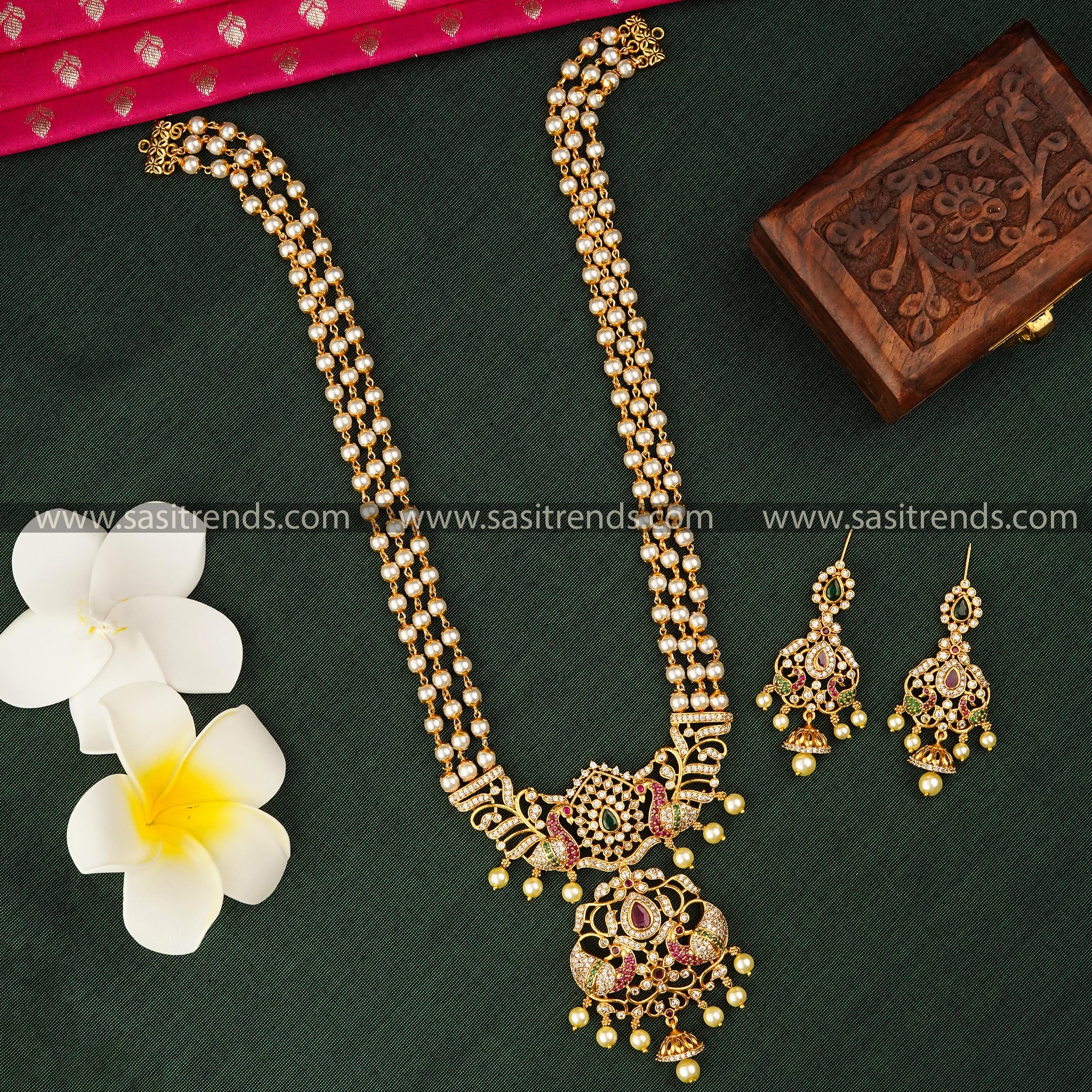 Matte Gold Plated 3-layer Peacock Pendant AD Necklace Set with Flower Motif - Graceful & Elegant Jewelry