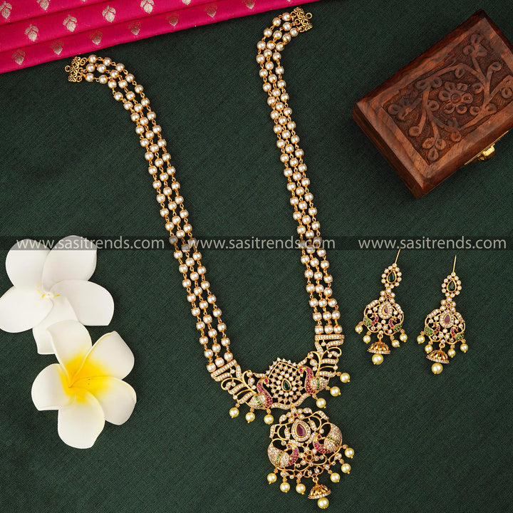 Stunning Matte Gold Finished Three-Layer Pearl Mala with Peacock Pearl Pendant with Long Jewellery Set | Sasitrends