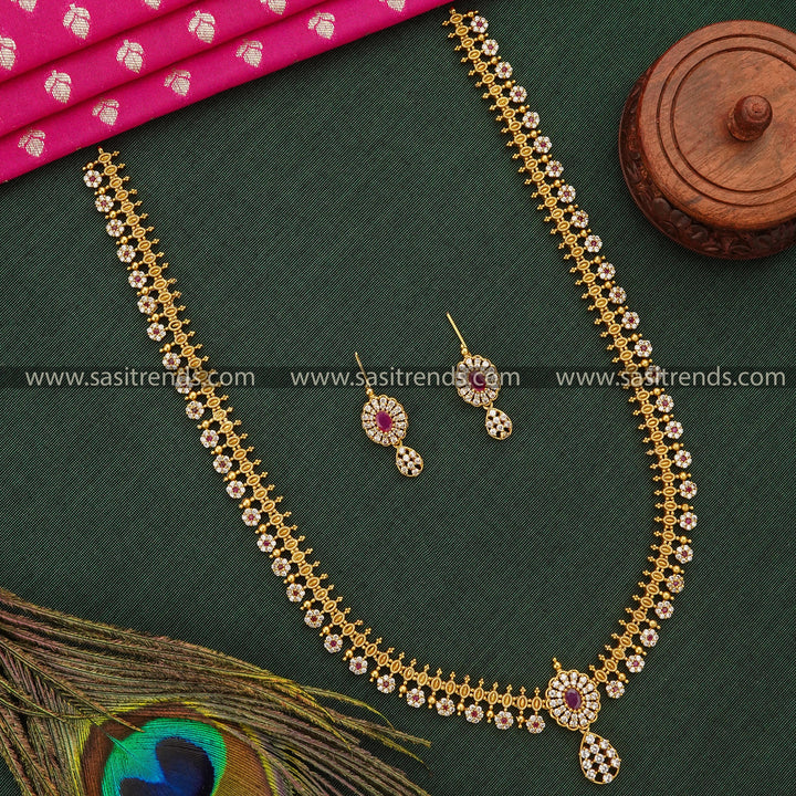 Temple Matte Gold Plated Elegant AD Leaf and Flower Motif Long Jewellery Set