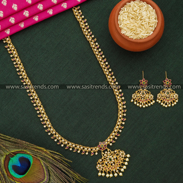 Festive Coloured AD Stone Long Jewellery Set with Hanging Pearls | Temple Matte Gold Tone Jewellery  | Sasitrends