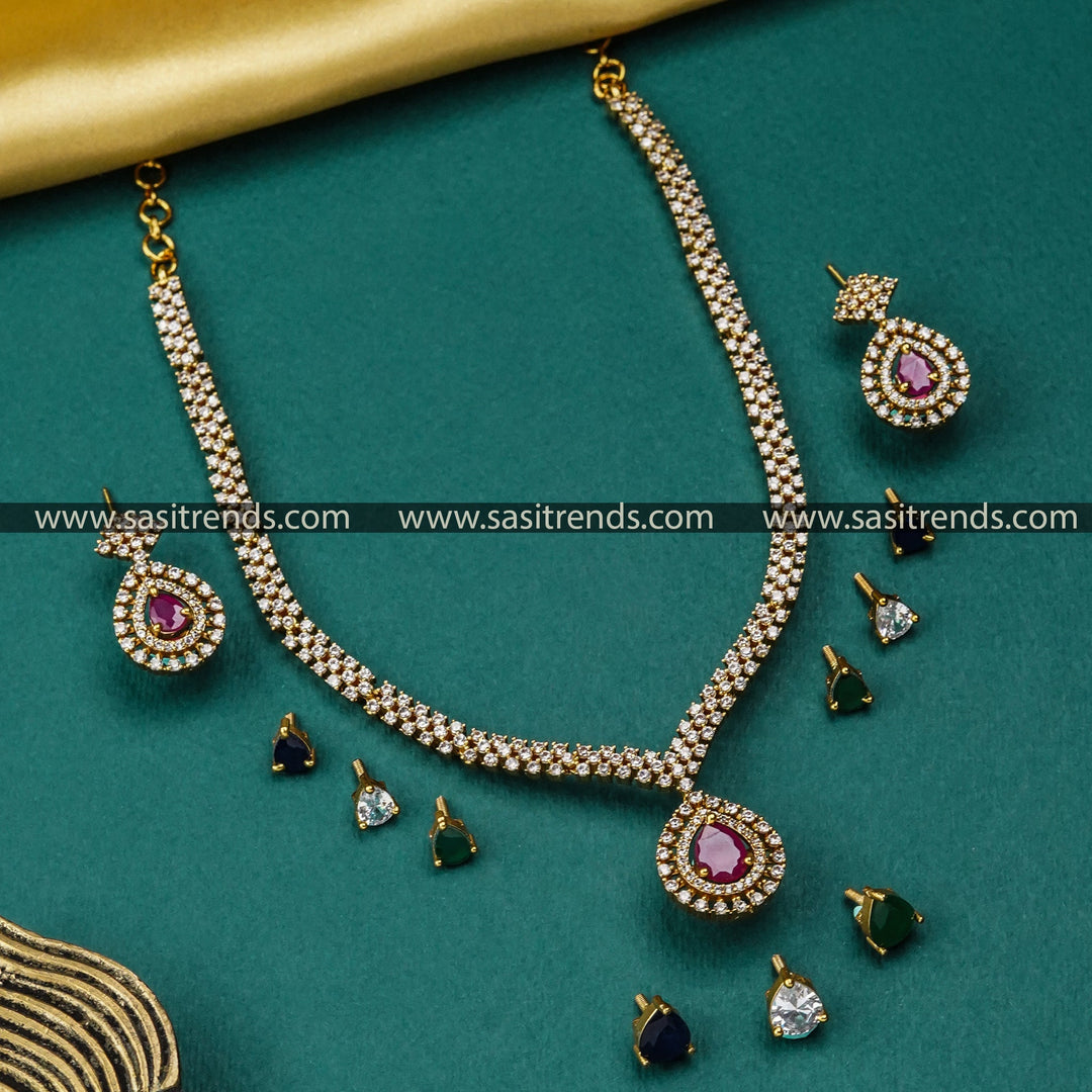 Tilak-Shaped Interchangeable American Diamond Necklace Set - Trendy and Modern Jewelry