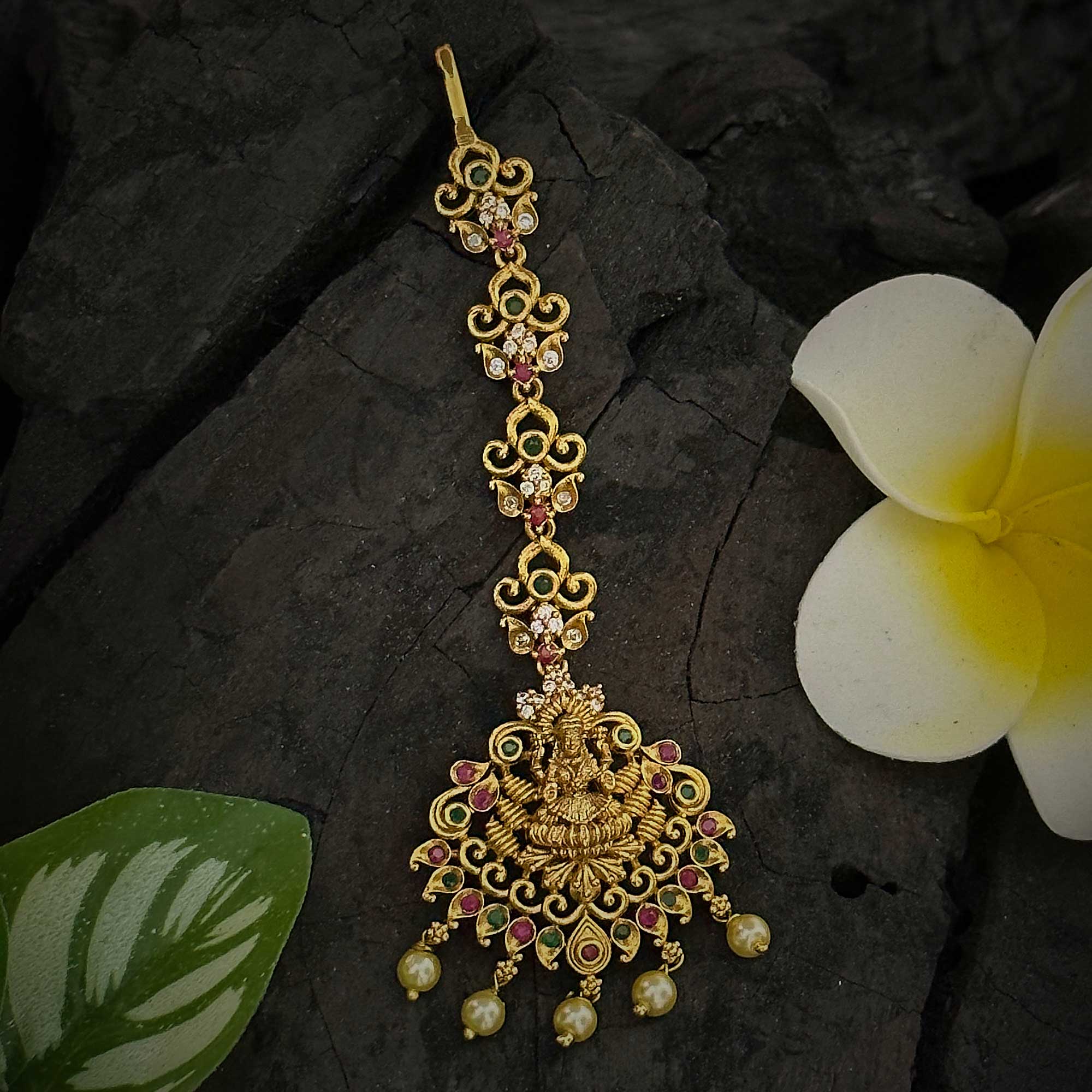 Elegant Multi-Color Bridal Matte Gold Plated Lakshmi Motif AD Maang Tikka