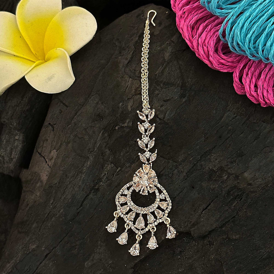 Rose Gold Chandbali Floral Maang Tikka with American Diamonds