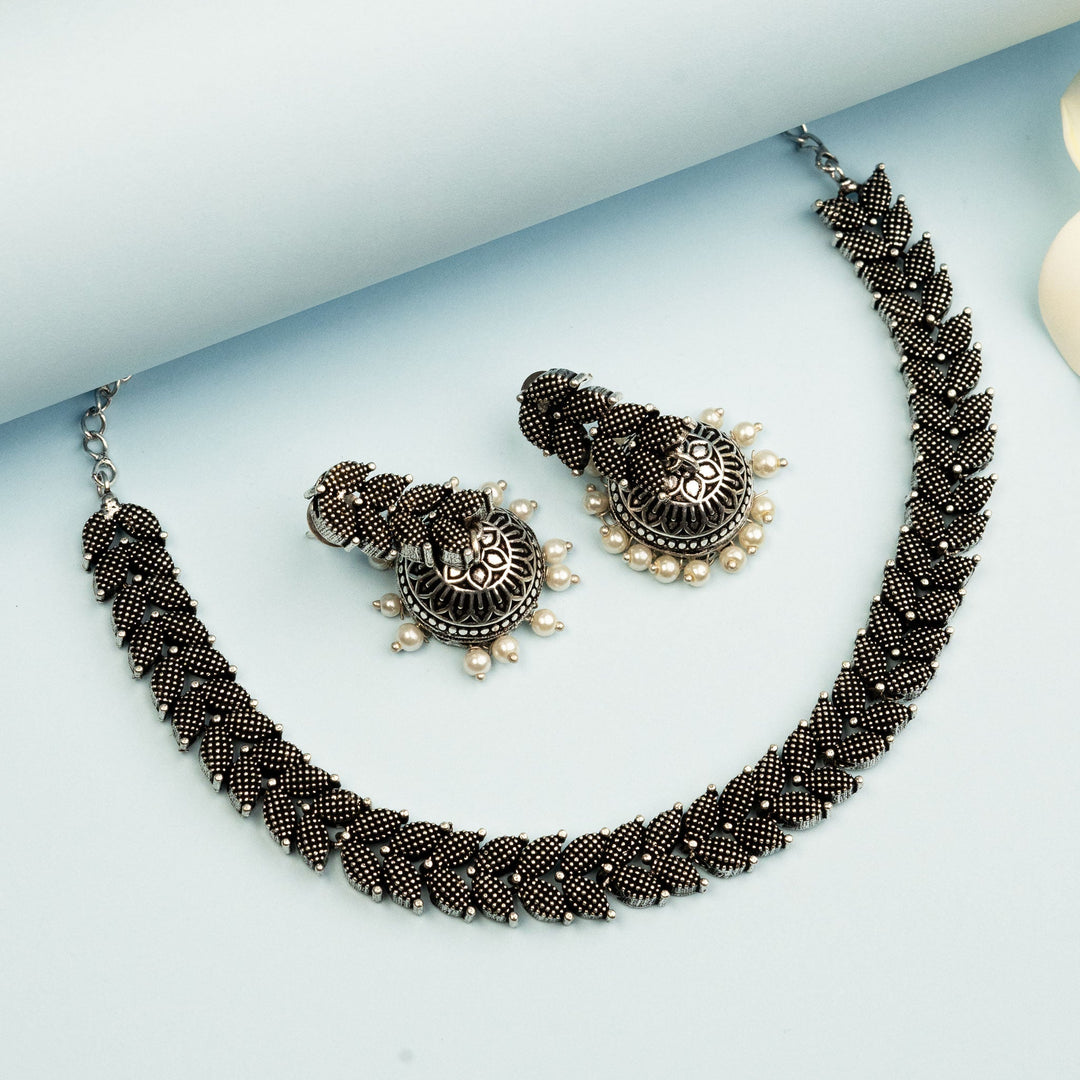 Black Oxidised German Silver Necklace with Pearl Jhumkas