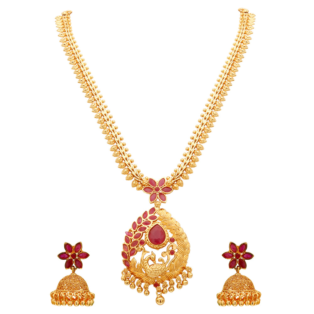 Peacock Pendant Micro Gold Plated Mango Necklace Set with Jhumkas - Traditional Eleganc