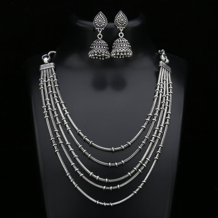 Latest Oxidised German Silver Layered Chain Necklace with Jhumkas Jewellery Set Online - Sasitrends