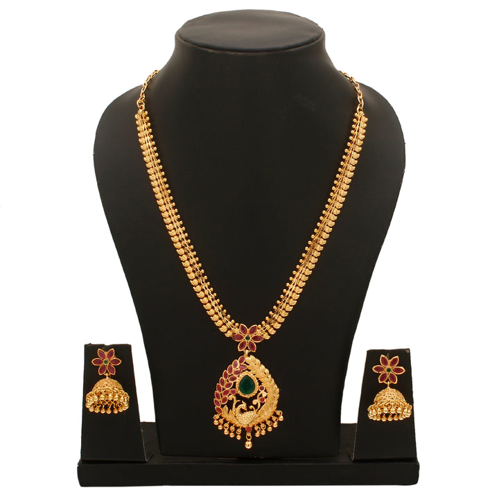 Exquisite Peacock Pendant Micro Gold Plated Mango Jewellery Set with Matching Jhumkas