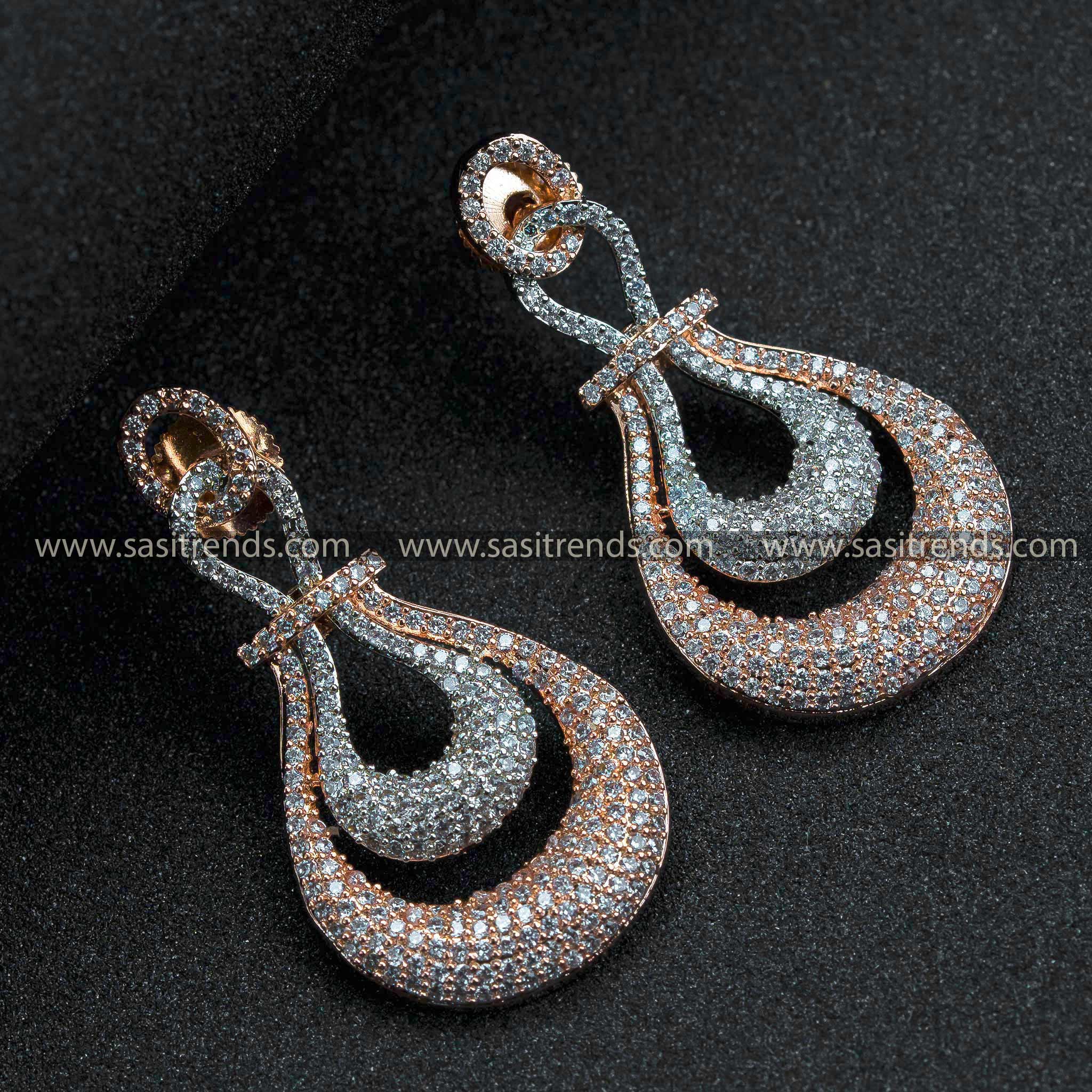 Trendy Party Wear Rhodium Silver and Rose Gold Plated American Diamond Earrings - Two-Layered Tear Drop Pattern for Women