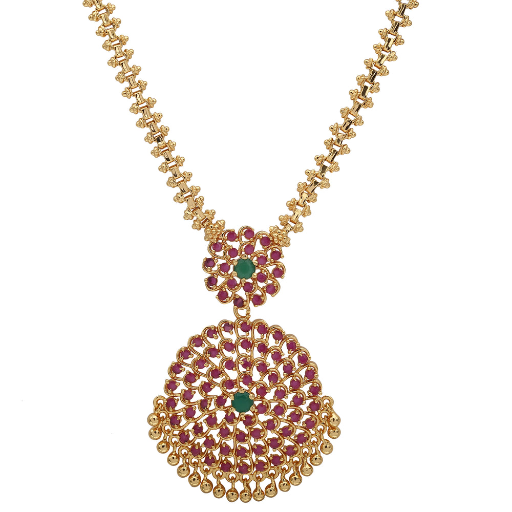 Micro Gold Plated Pendant Gajiri Chain Necklace - Traditional Wear Jewelry with Stones