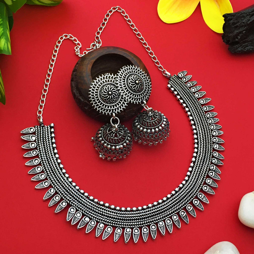 Oxidised German Silver Necklace with Jhumkas - Traditional and Party Wear Jewelry