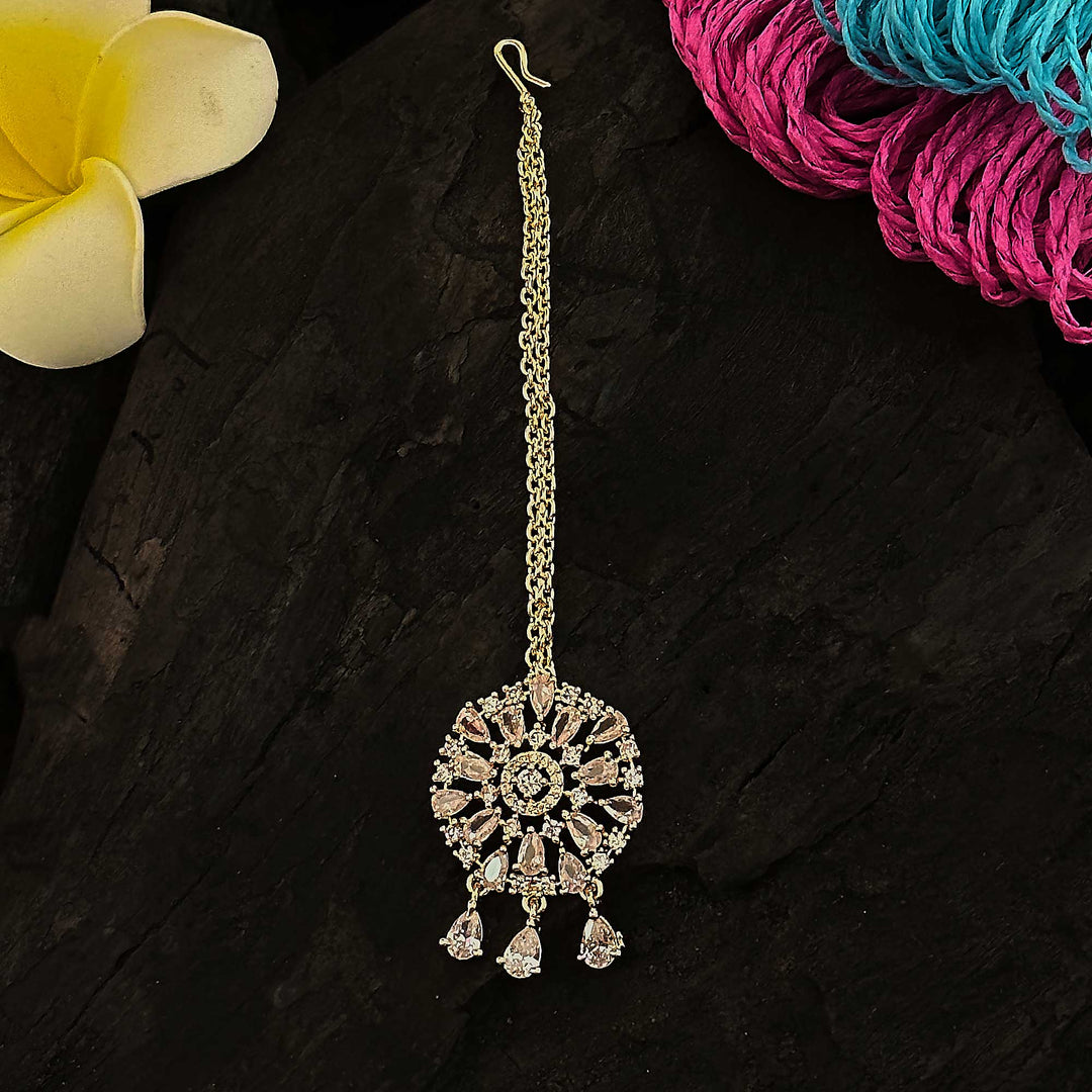 Rose Gold Maang Tikka with Floral Motif & AD Stones