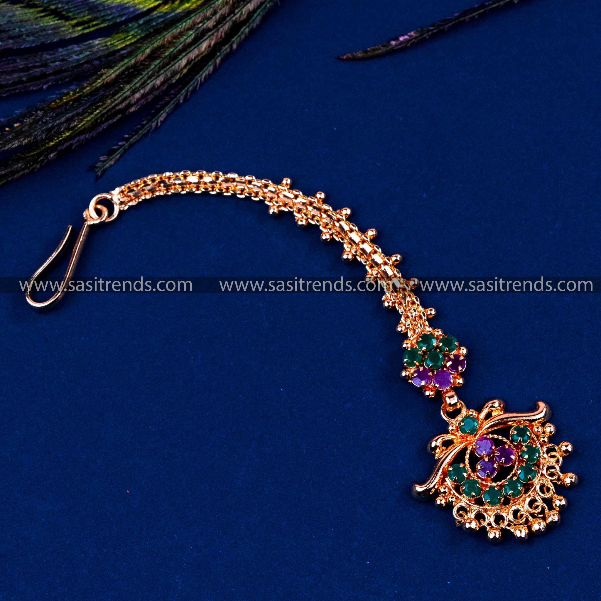 Floral Maang Tikka with AD Stones & Bead Drops -Ruby-Green Color Festive Collection