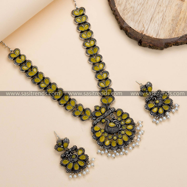 Oxidised German Silver Peacock Necklace with Earrings - Traditional Jewelry