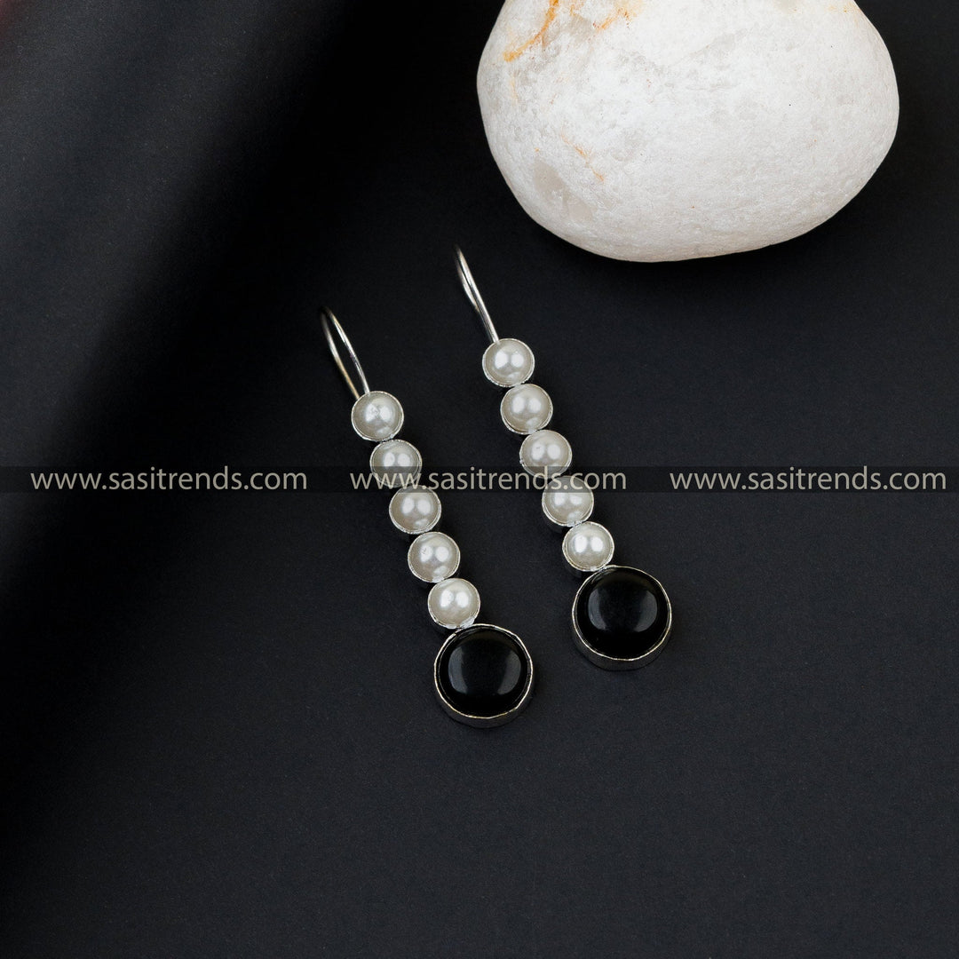 Oxidized German Silver Pearl Line with Mona Lisa Stone Earrings 