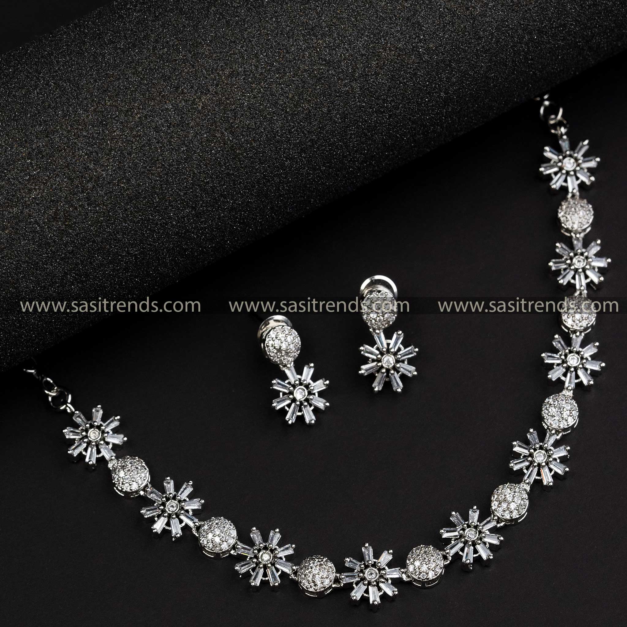 Luxurious Rhodium Silver Plated AD Necklace Set - Perfect for Parties & Festivals