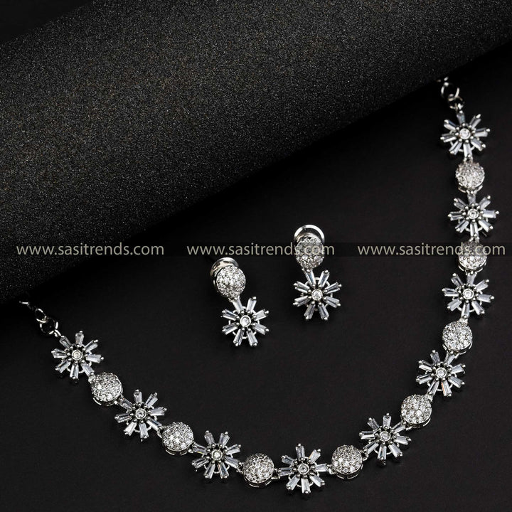 Rich Party Wear Rhodium Silver Plated Jewellery Set with American Diamond Stones | Sasitrends