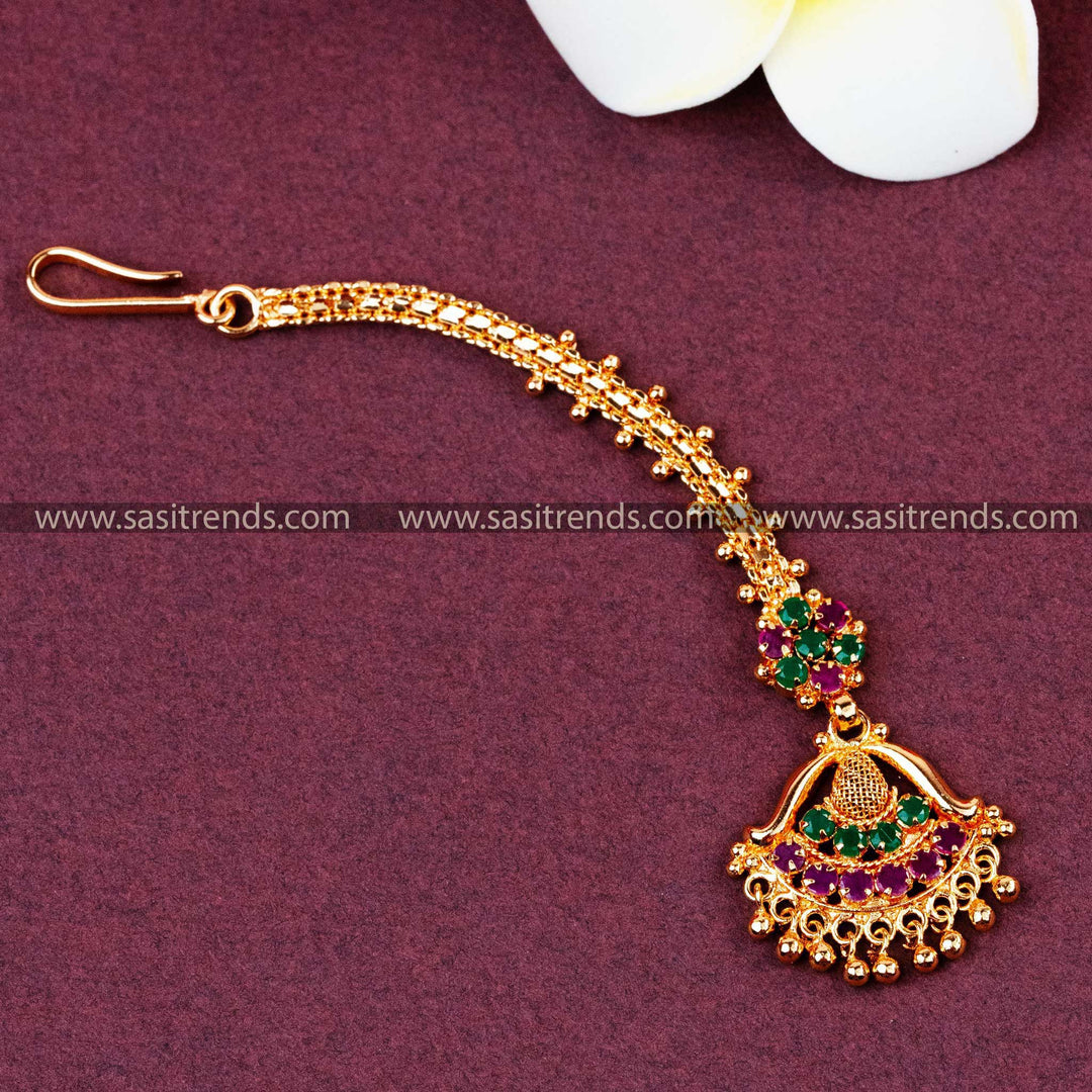 Floral Net Pattern Gold Plated Maang Tikka with AD Stones and Bead Drops