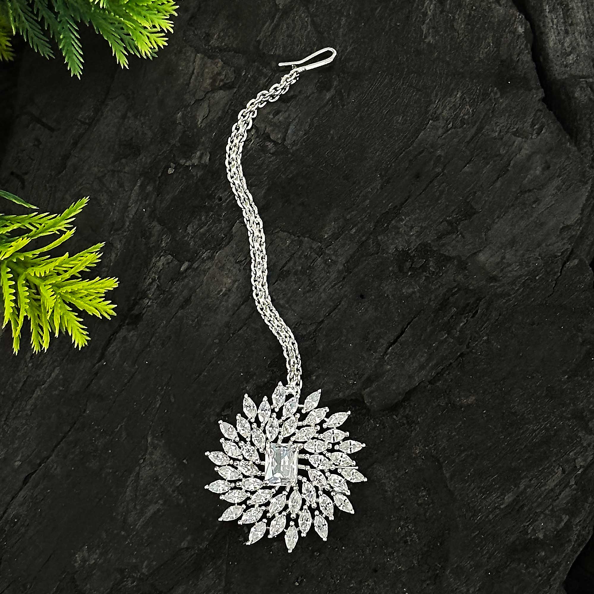 Elegant Rhodium Silver Maang Tikka with White Stones | Floral Motif & American Diamonds