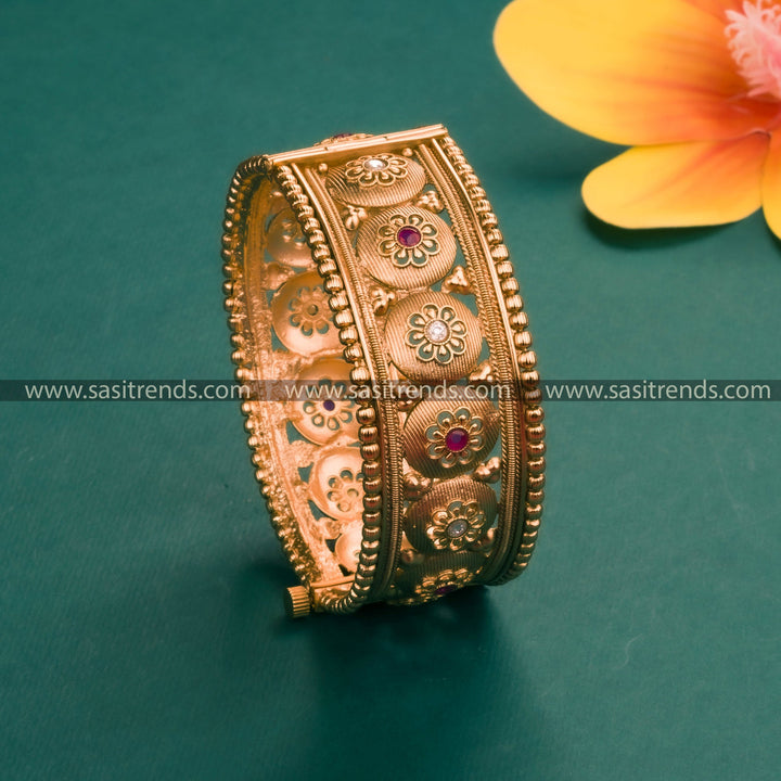 Antique Gold Temple Bridal Bangle with Floral Motif and Synthetic Stones - Openable Kada Bangle