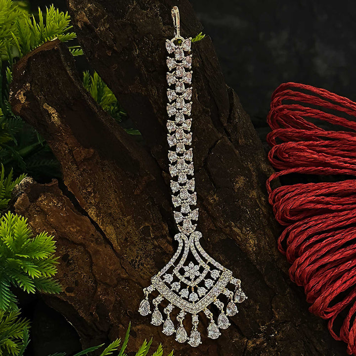 Rose Gold Plated Bridal Maang Tikka Set with American Diamond Stones | Sasitrends