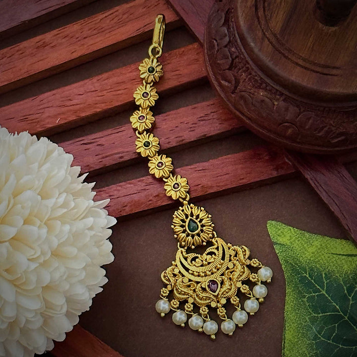 Floral Motif Temple Matte Gold Plated Maang Tikka with AD Stones - Traditional Bridal Wear | Sasitrends