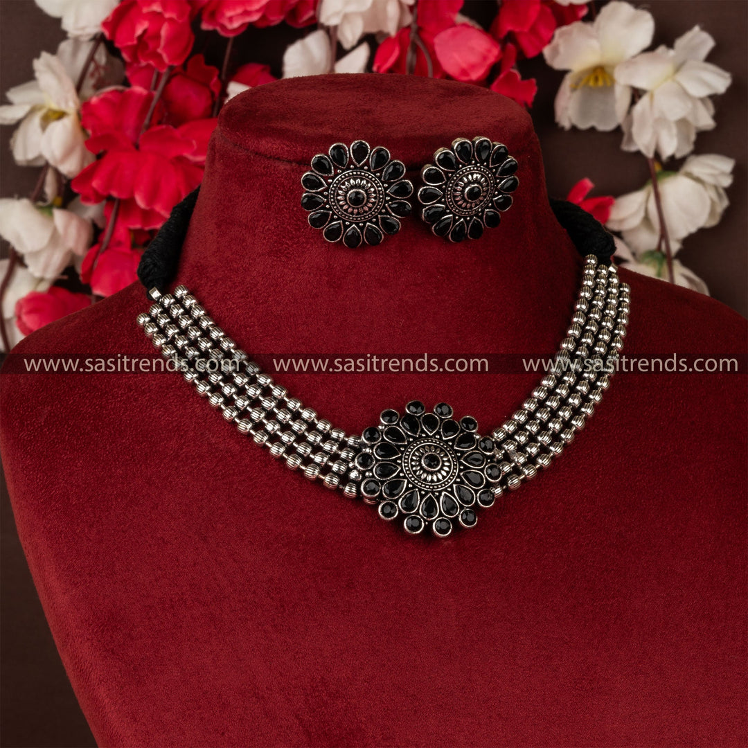 Flower oxidised German silver necklace with earrings