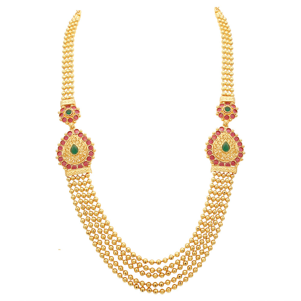 Micro Gold-Plated Necklace with Mugappu Motif - Brass Material, AD Stones, Five-Layered Golden Bead Chain