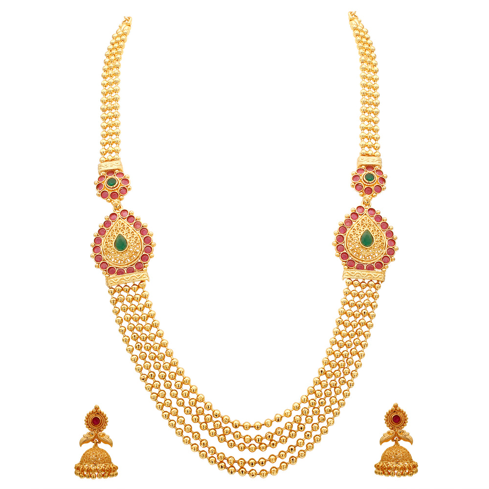 Micro Gold-Plated Traditional Necklace with Mugappu Motif and Jhumkas - Brass Material, AD Stones, Five-Layered Golden Bead Chain