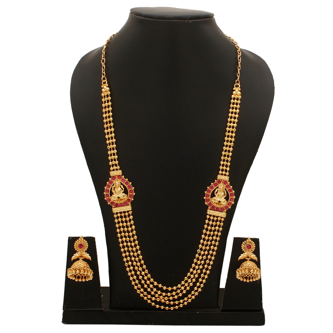 Micro Gold-Plated Traditional Necklace with Lakshmi Mugappu Motif and Jhumkas - Brass Material, AD Stones