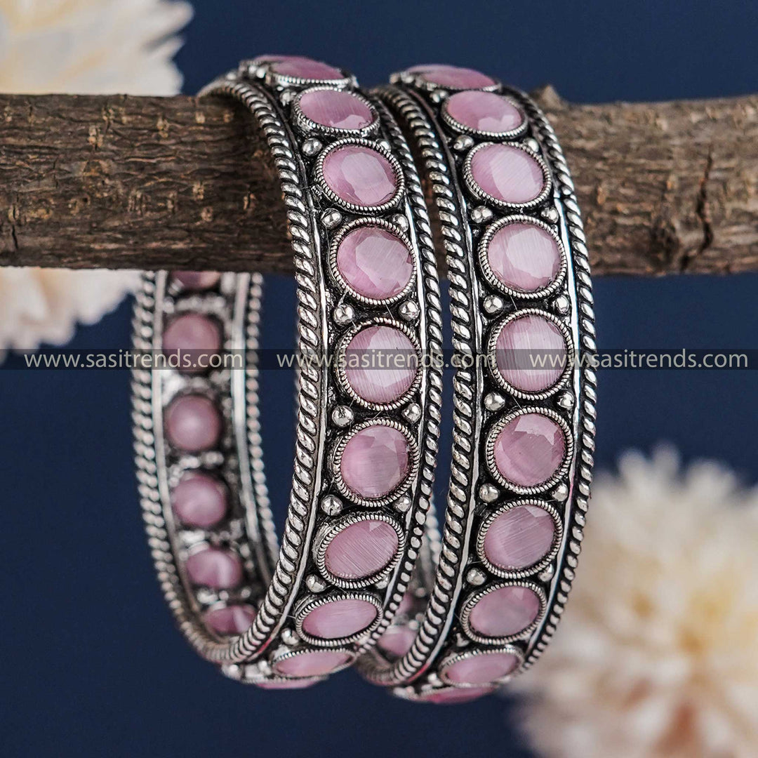 Trendy Thick Bangle Pair with Pink Monalisa Stones - Traditional and Party Wear