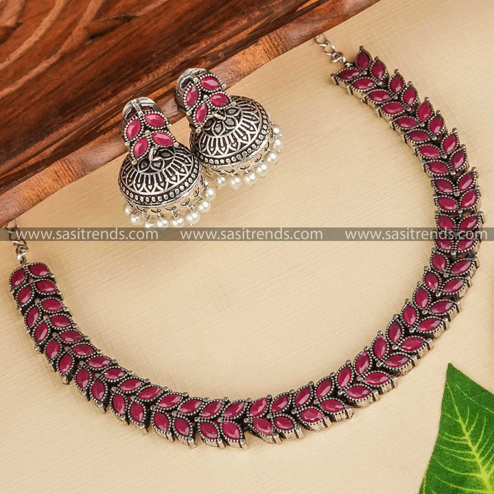 Latest German Silver Oxidised Necklace Set with Leaf Motifs & Monalisa Stones like Ruby Stones