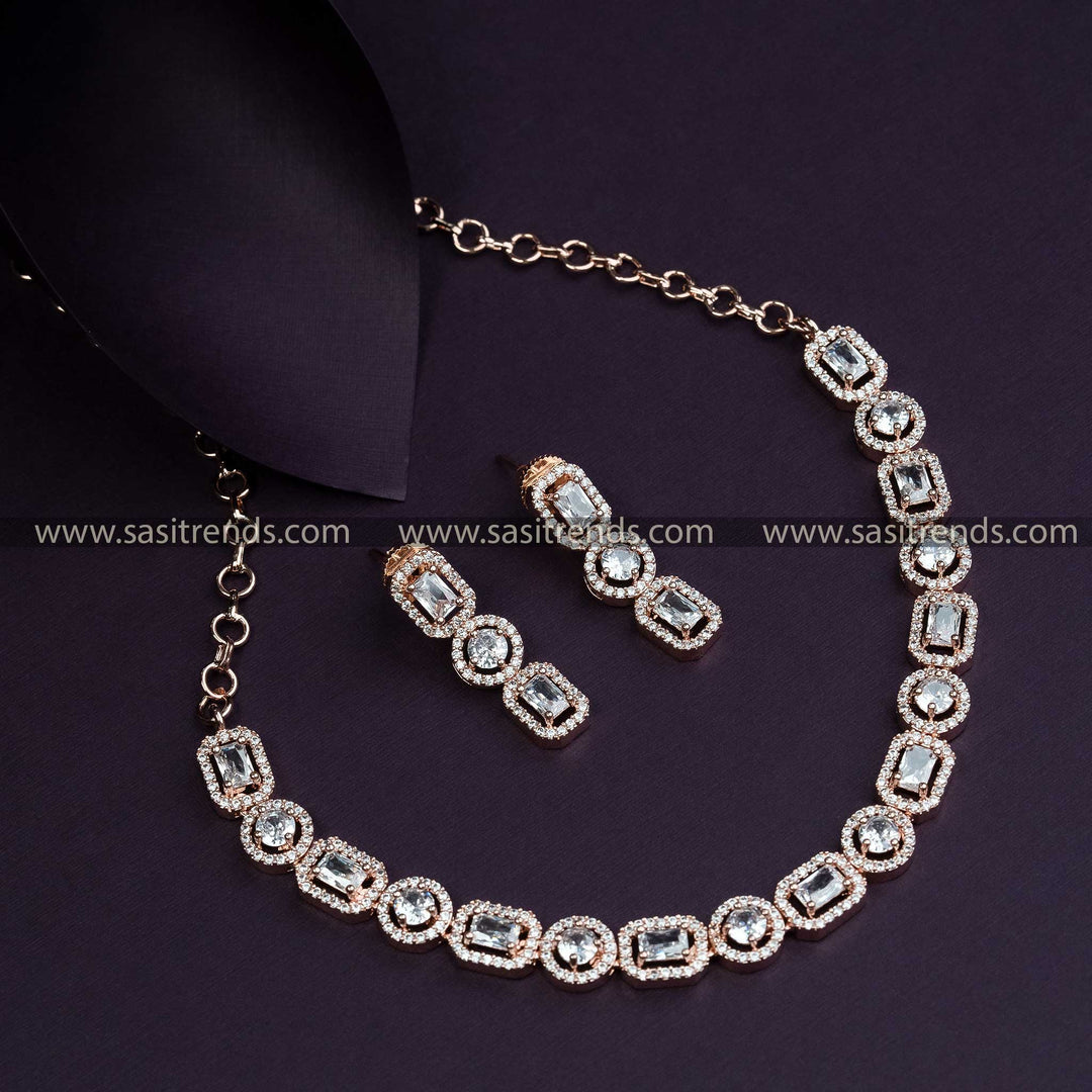 Party Wear Rose Gold Plated American Diamond Necklace Set