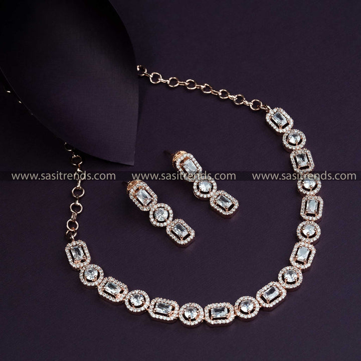 Stunning Party Wear Necklace Set with American Diamonds - Rose Gold Plated | Sasitrends