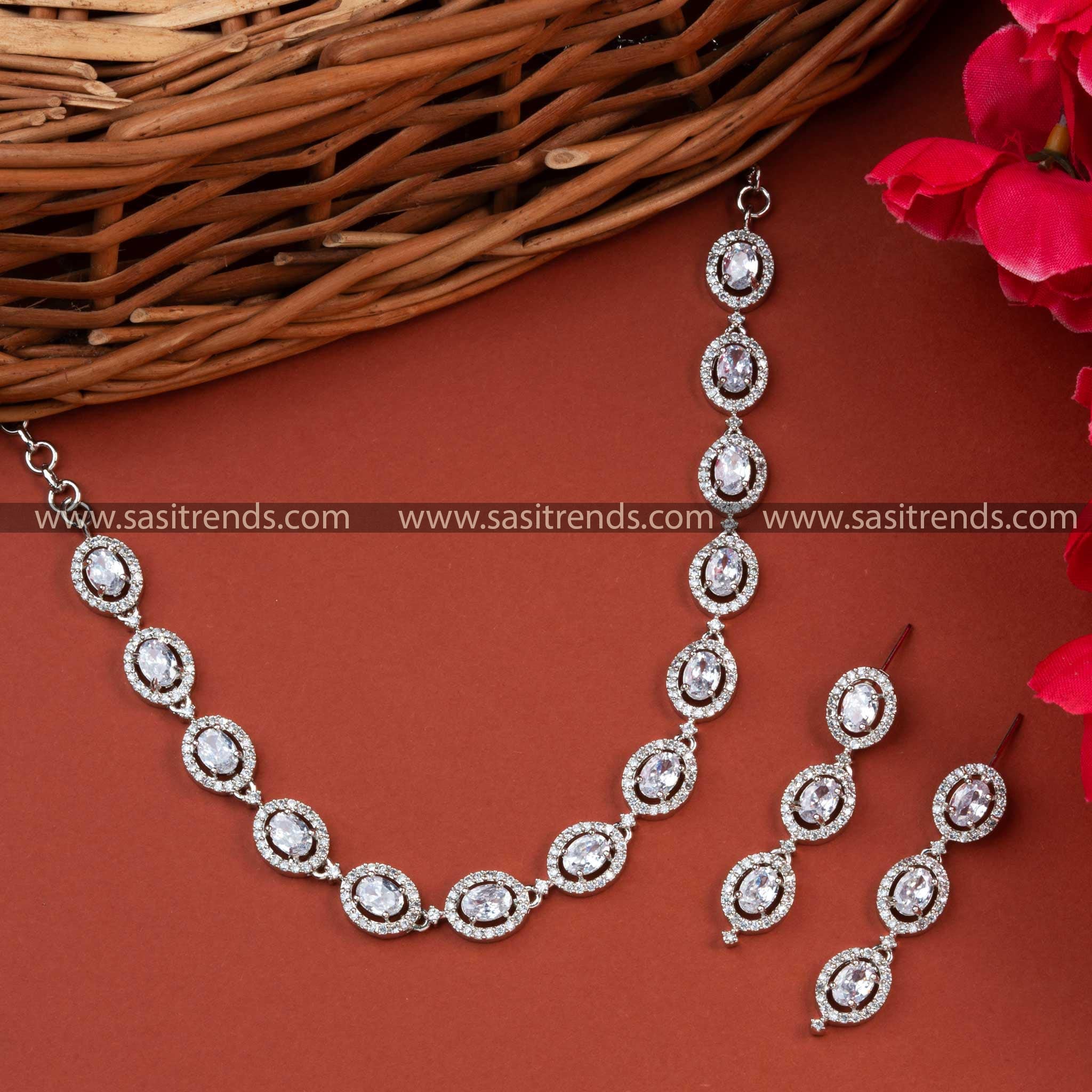 Stunning Oval Pattern Rhodium Silver Plated AD Necklace Set with Earrings