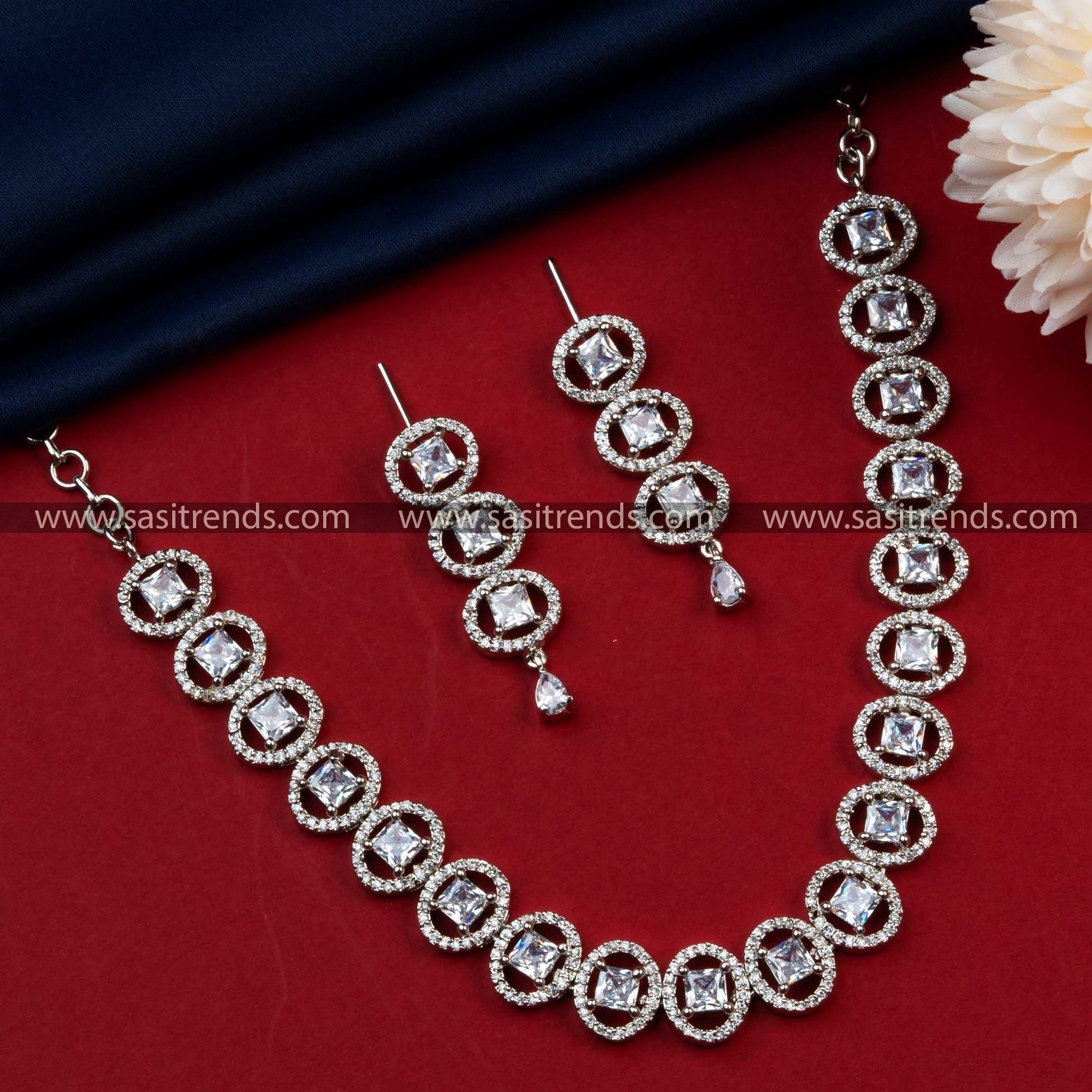 Exquisite White Stone Rhodium Silver Plated Party Necklace Set with Earrings - American Diamonds and Stunning Oval Pattern